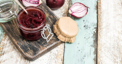 Red onion marmalade in jar Vegetable jam